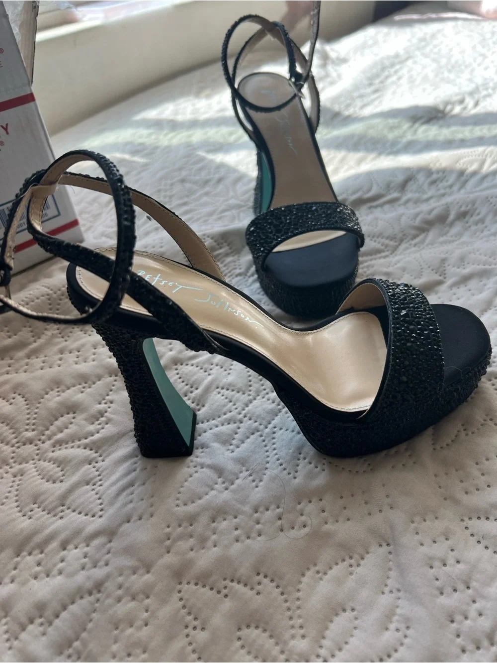 Betsey Johnson Black Beaded Platform Ankle-Strap Heels